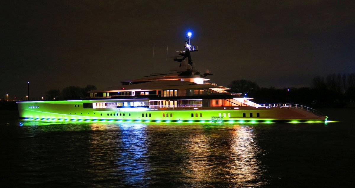 Dutchyachting's tweet photo. The 109m/ 357’7” #ProjectBravo returned to the #shipyard after having several days of #seatrials tonight. Photos by @DutchYachting https://t.co/EN7ncedpf3