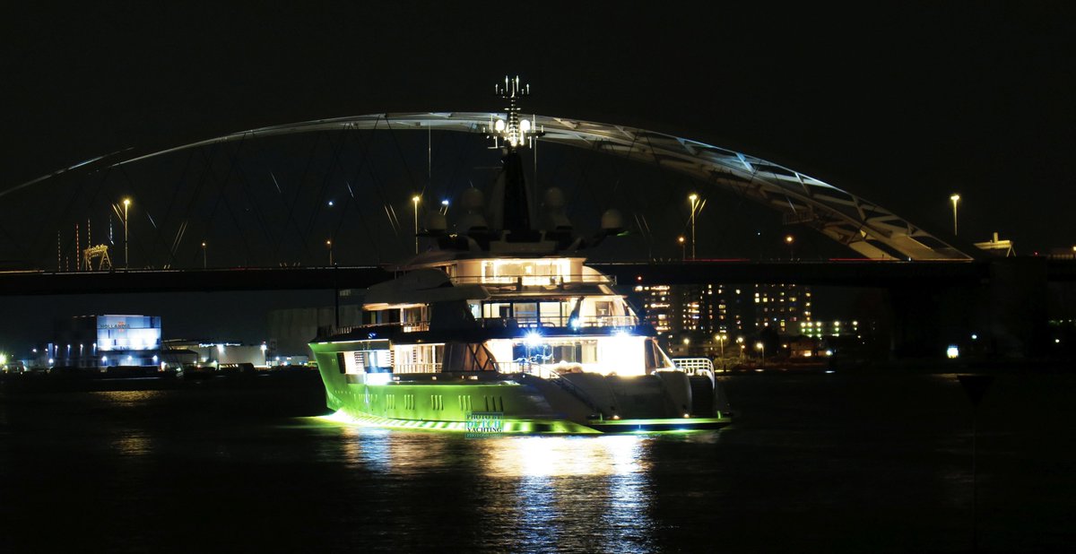 Dutchyachting's tweet photo. The 109m/ 357’7” #ProjectBravo returned to the #shipyard after having several days of #seatrials tonight. Photos by @DutchYachting https://t.co/EN7ncedpf3