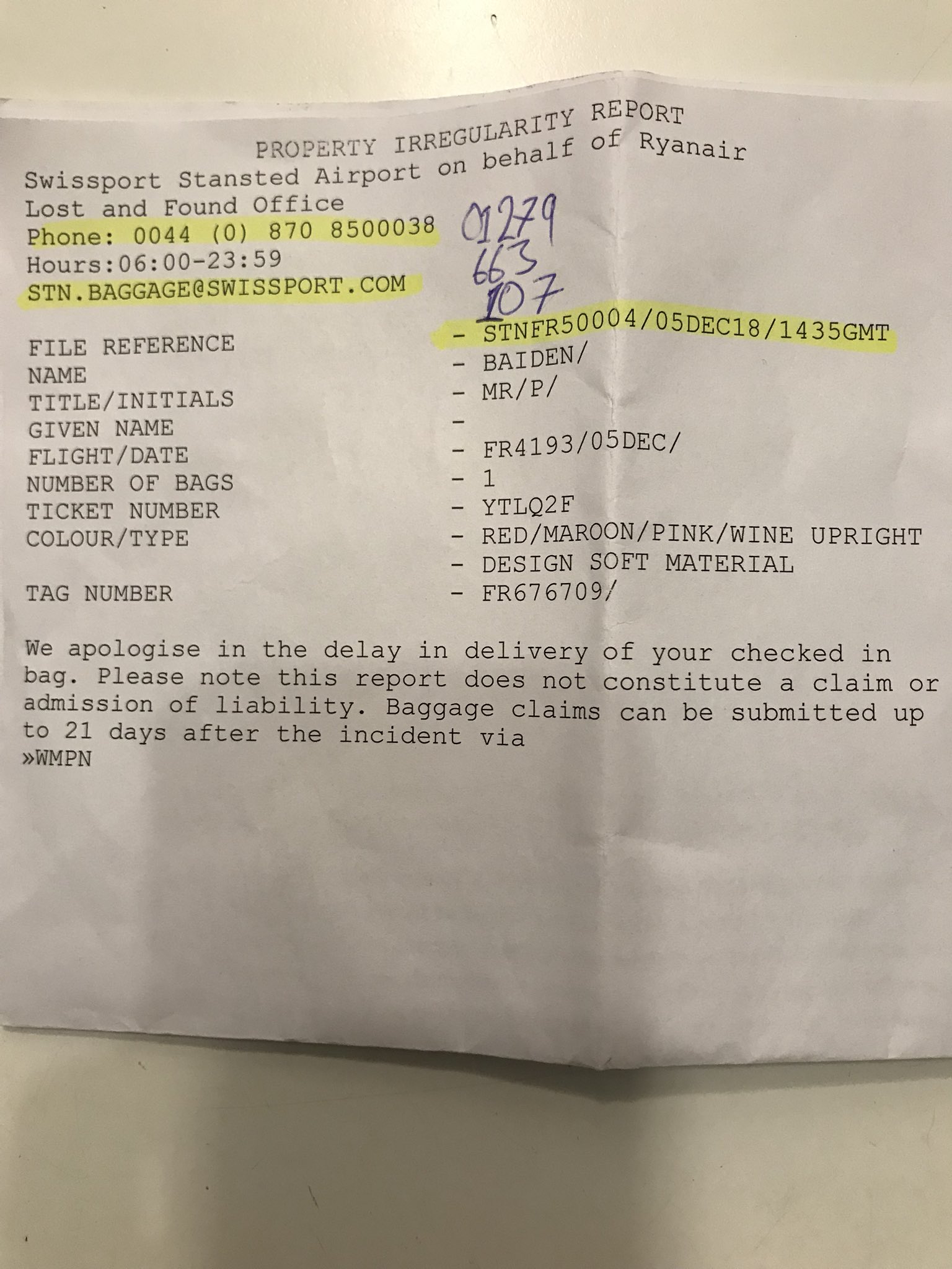 ryanair lost baggage compensation