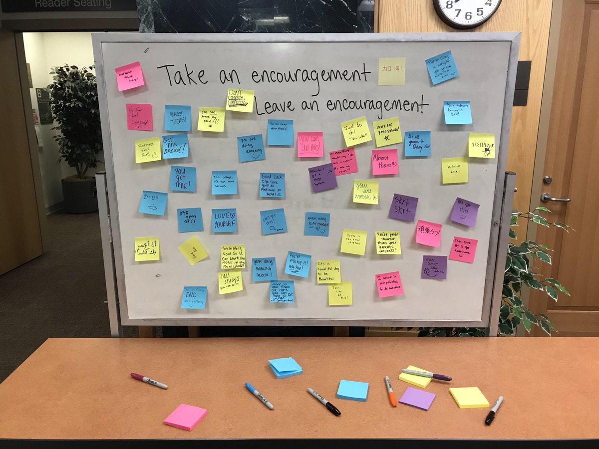 walterlibrary's tweet photo. Some stellar advice and encouragement from celebrities and your peers. Visit Walter Library's 2nd floor or basement to add to the collection. Happy finals, students! #studystrong #finalsarecoming #umn #umnlibraries #umnstudy #eastbank https://t.co/jEX8Fw7dsS