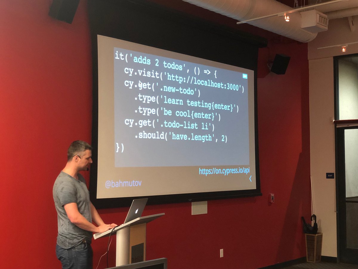 SFJavaScript's tweet image. “It’s open source, but we’ve written it in CoffeeScript, which is a kind of natural DRM.” -⁦@bahmutov⁩ on ⁦@Cypress_io⁩