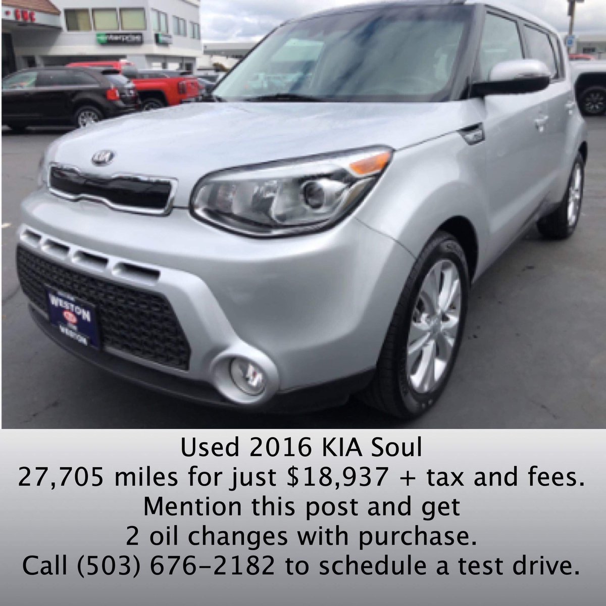 Used 2016 KIA Soul !
27,705 miles. $18,937 + tax and fees.
Mention this post to get 2 free oil changes with purchase.
#WestonKIA
22309 SE Stark St
#Gresham #Oregon
(503) 676-2182
#KIA #Soul #Exclaim #KIASoul 
#EveryoneWinsAtWeston #PDX
#Portland #Vancouver #PNW