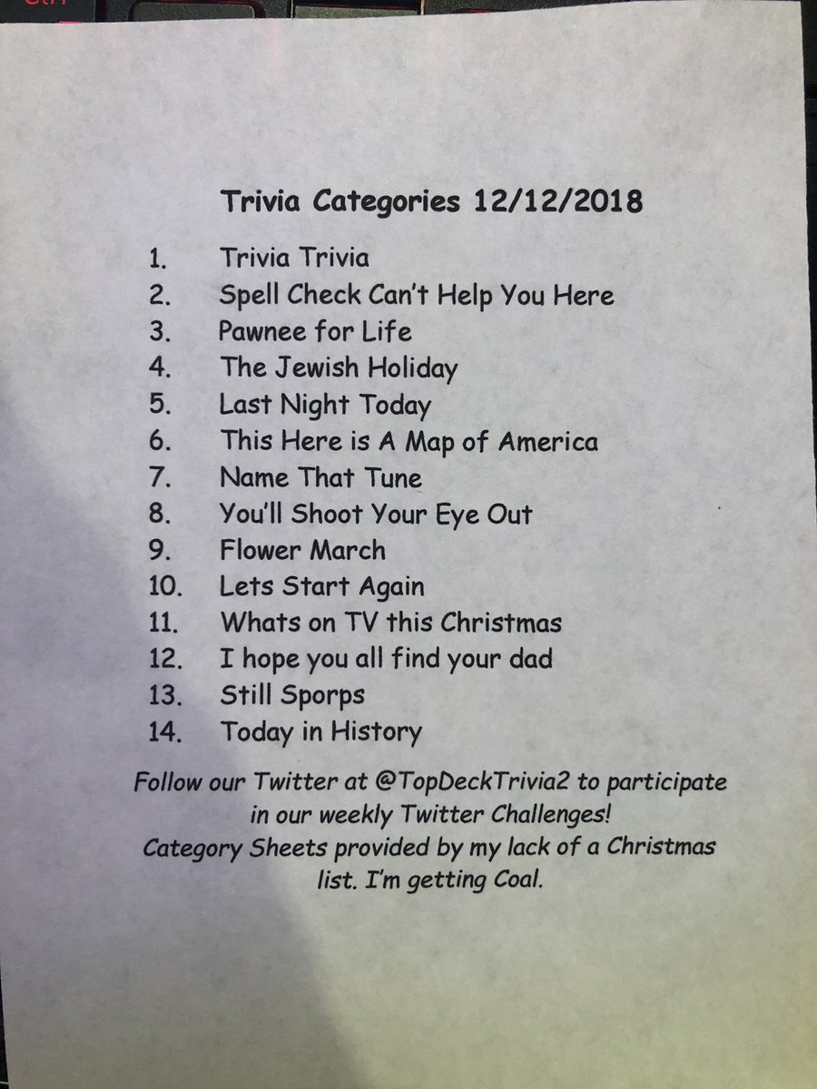 topdecktrivia2's tweet photo. Looking for this weeks category sheets well here they are fresh from the North Pole. https://t.co/vxrpGuLRiV