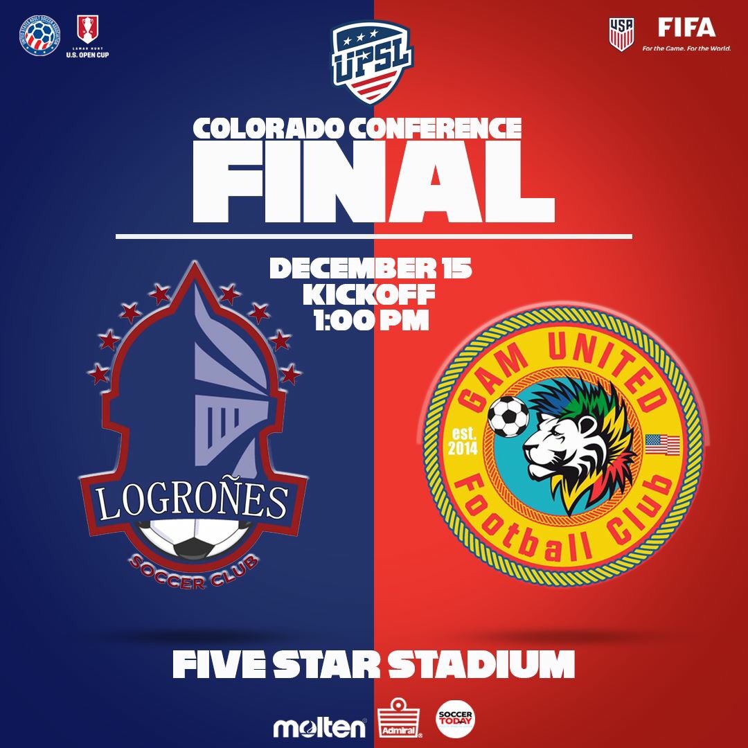 UPSLsoccer's tweet photo. Don't forget to pay your attention to Colorado Conference this weekend as the #1 Logrones Denver Soccer Club will face the #2 GAM United Football Club in the FINAL! What a battle!
#UPSL #Playoffs #ColoradoConference #Final https://t.co/jDOS6CZJ98