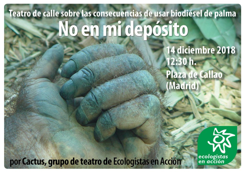CactusTeatro's tweet photo. Campaña #NoEnMiDepósito
Viernes 14 de diciembre de 2018
12:30 a 13:30 en Plaza de Callao (Madrid)

Actuación callejera con el grupo de teatro de Cactus de Ecologistas en Acción sobre las consecuencias de usar biodiésel de palma.

https://t.co/pGPaB7Sj39

#TeatroCalle #Performance https://t.co/Gp7TIRoFNb