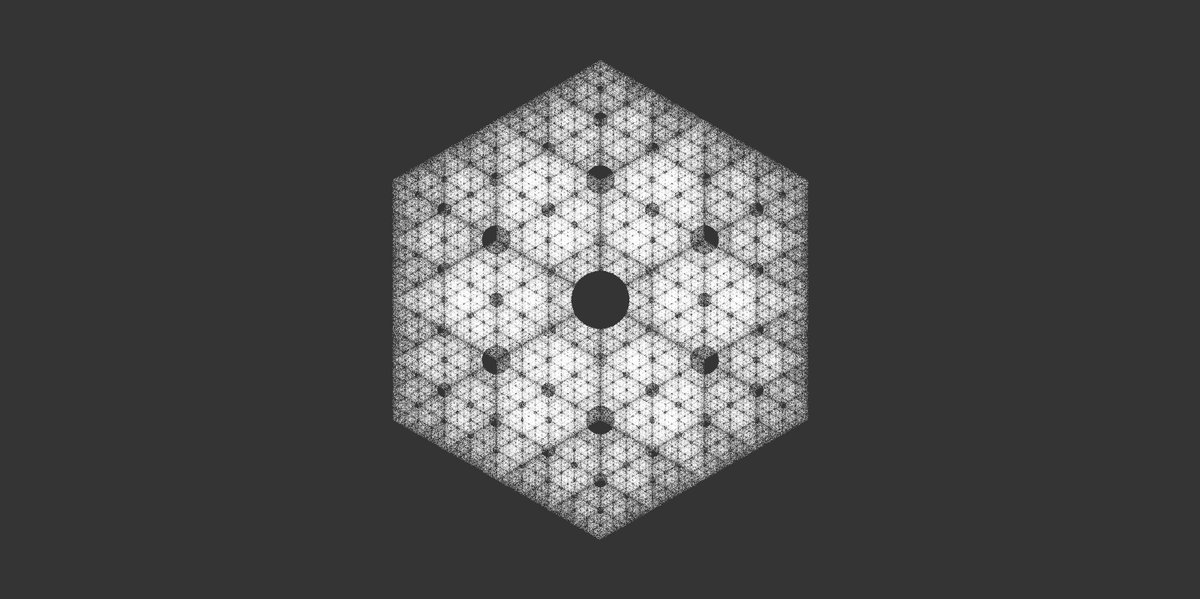 FieryFeather's tweet image. Was just looking at chaos game #135-2a-53 when it suddenly looked like a cube and now I can't unsee it? #codingtrain