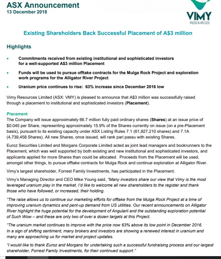 VimyResources's tweet photo. $VMY News:  Existing shareholders back successful $3M Placement; https://t.co/8c6yTlZw4R