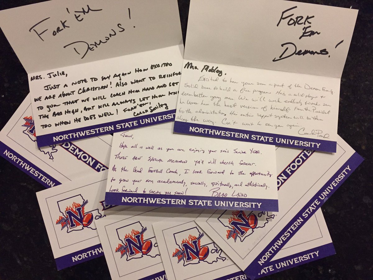 JATMobley's tweet photo. @cmobley_ Thank you NSULA Coaching staff for your kind handwritten notes! You know the way to a mama’s heart! 💜🧡💜 https://t.co/Nr84SmsNfi