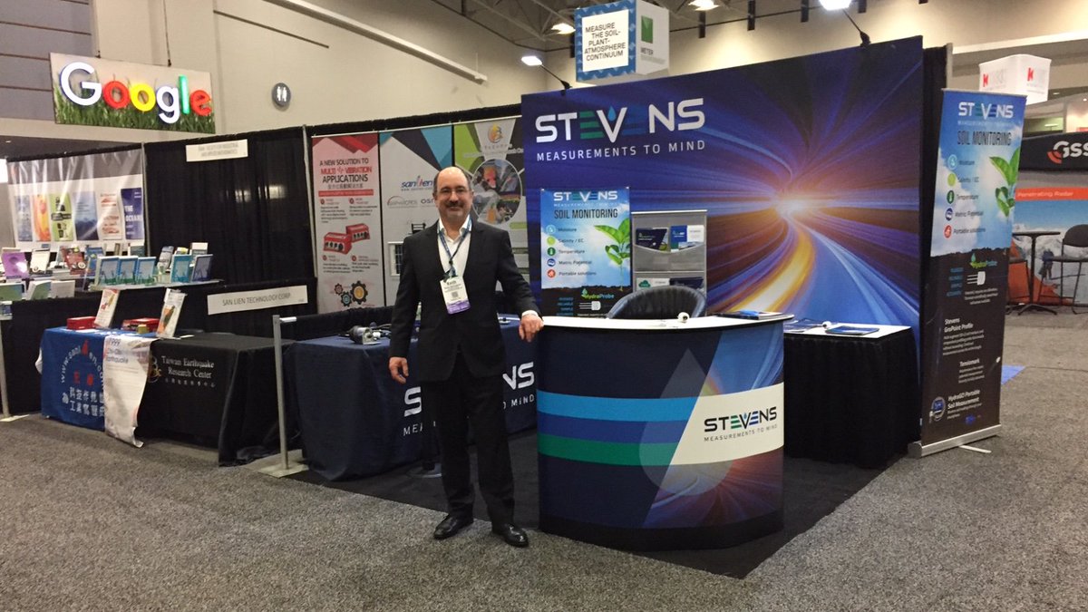 Our soil scientist extraordinaire Keith Bellingham in a moment of calm before the what is expected to be a very busy booth at #AGU2018.  Our all-in-one sensors-to-cloud gateway AVO will be hot as well as perennial favorite Hydraprobe! stevenswater.com/products/hydra…