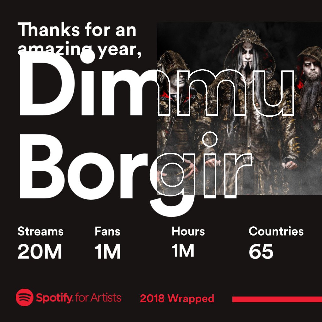 In 2018, 1M #DimmuBorgir fans spanning 65 countries spent 1M hours listening to the band on @Spotify. Thanks all! Listen and follow our official discography playlist at open.spotify.com/user/dimmuborg… #Spotify #2018ArtistWrapped #2018Wrapped