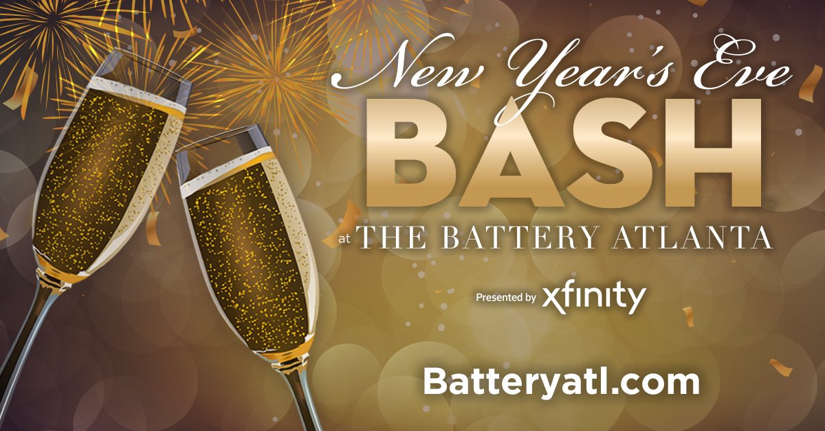 BatteryATL's tweet photo. Come ring in the New Year with us at the NYE Bash at The Battery Atlanta presented by Xfinity for two free celebrations. We will have the early innings from 6-8pm, and the late innings from 9pm-midnight! 🎉 https://t.co/cyqo8T5ouD
