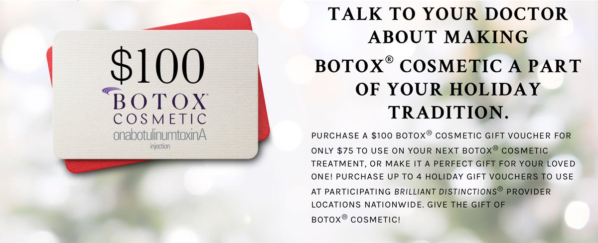 DallasSkin's tweet image. 'Tis the season for beauty and savings! We're excited to share a limited-time holiday offer running for #BOTOX - purchase a $100 gift card for the price of $75. Make 2019 your most beautiful year by visiting the link to purchase here: ow.ly/FOy130mXYqS #HolidayBeauty
