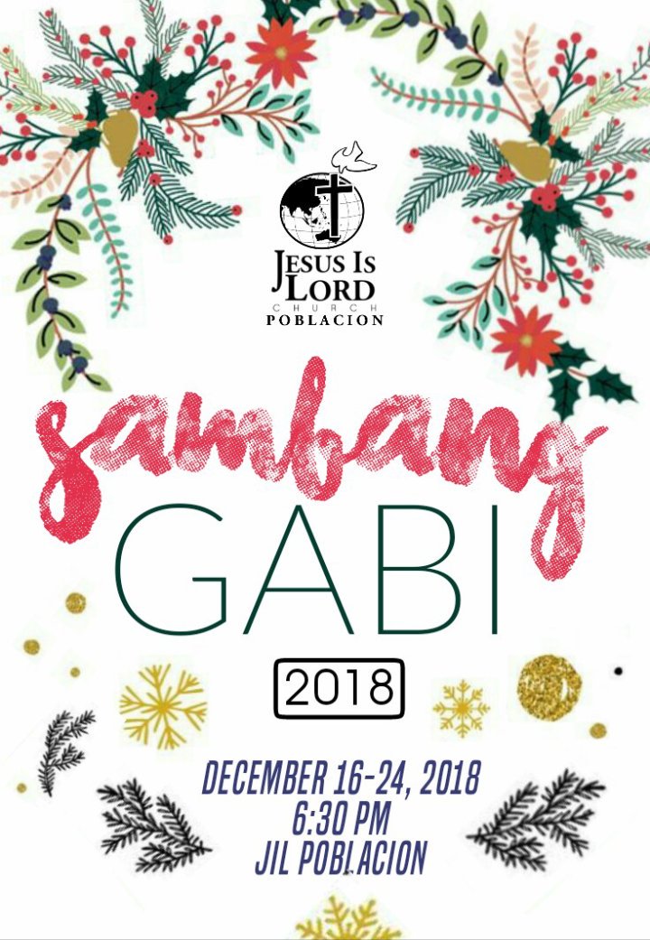 We are inviting you to come and join us in our annual Sambang Gabi starting December 16-24 at 6:30 pm here at JIL Poblacion.
Come and be blessed! See you and have a Merry Christmas!
#SambangGabi2018
#jilpoblacion