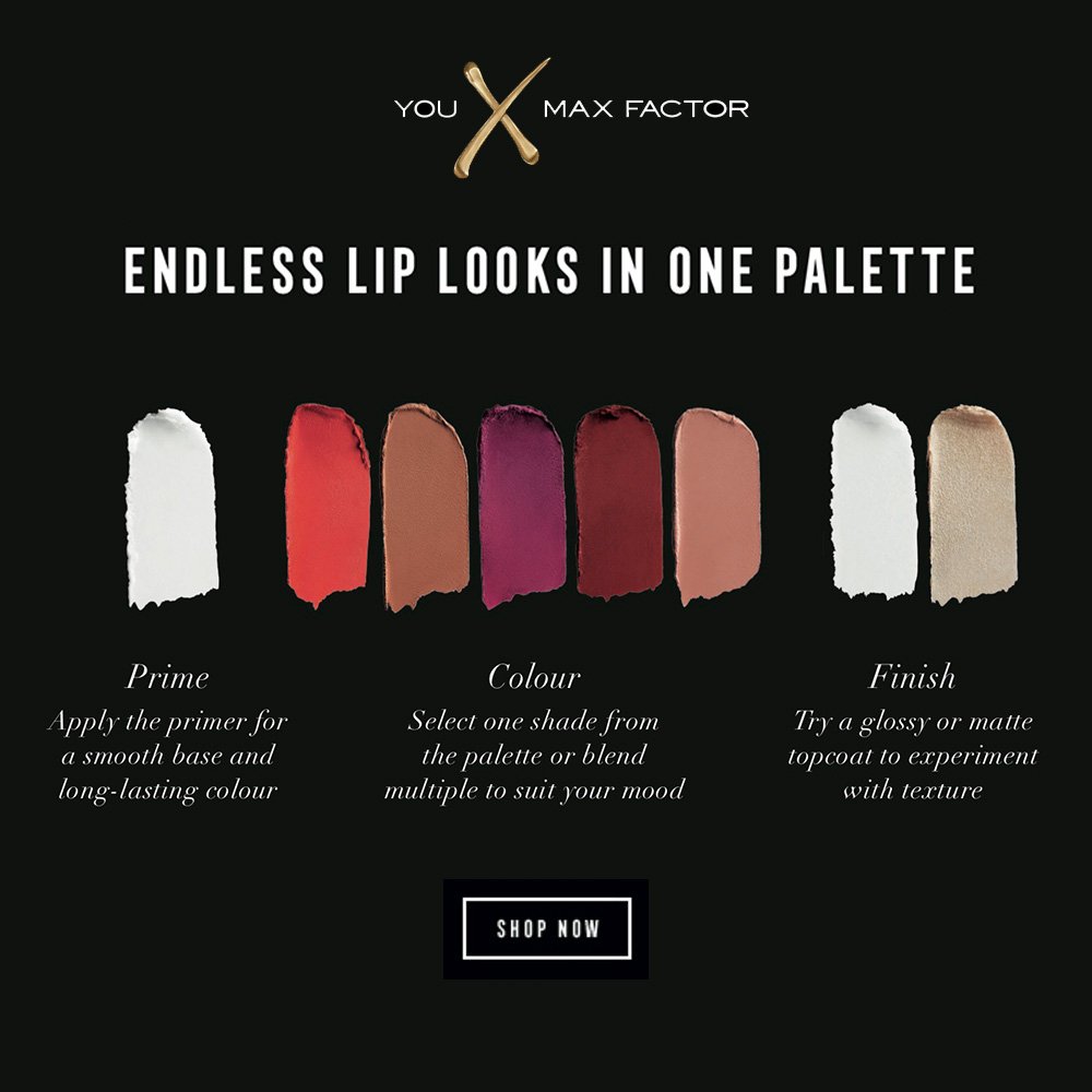 MaxFactorPH's tweet image. The Lipfinity Lip Palette is all you’ll ever need to customize your unique lip with a primer, colour and finish. Grab this all-in-one lip palette for the price of P995!
Available at select Max Factor counters starting December 15.
#YouXMaxFactorPH
#MaxFactorPH