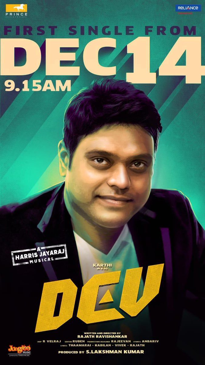 freedommediaPR's tweet photo. The first single from #Dev is releasing at 9:15 AM tomorrow 

#DevSingleOnDec14

An @Jharrisjayaraj Musical 

@Karthi_Offl @Rakulpreet
@RajathDir @PrincePictures_ @RelianceEnt
@VelrajR @lakku76 @TagoreMadhu @LightHouseMMLLP https://t.co/SsA60NZgLa