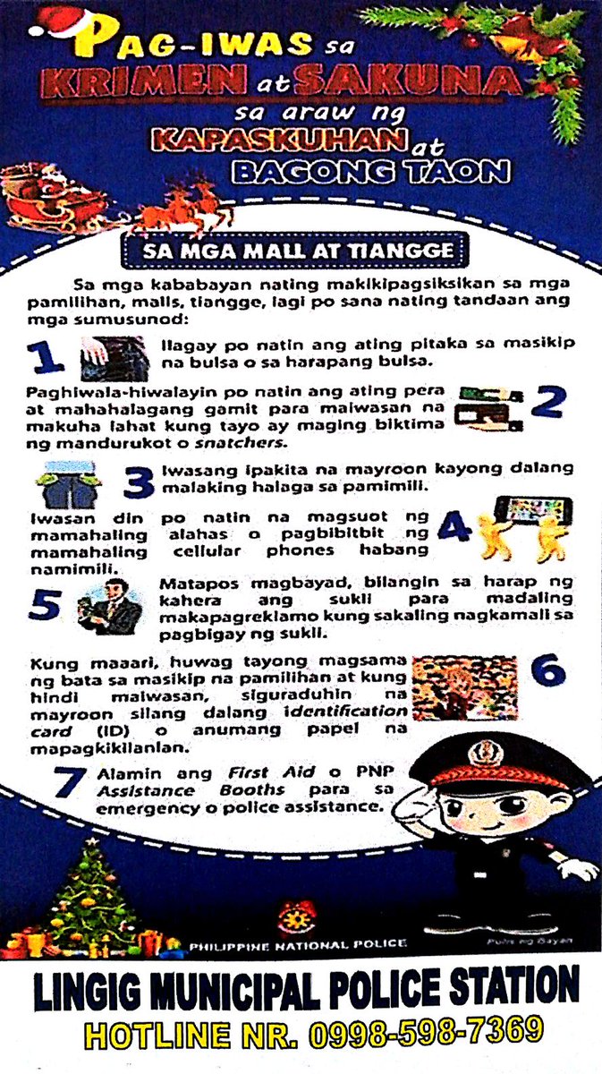 LingigMPS's tweet photo. Mga Pahimangno gikan sa Kapulisan sa Lingig MPS aron malikayan ang KRIMEN ug DISGRASYA sa umaabot nga Pasko ug Bag-ong Tuig.
#LigtasPaskuhan2018 https://t.co/ecIuGjKd5q