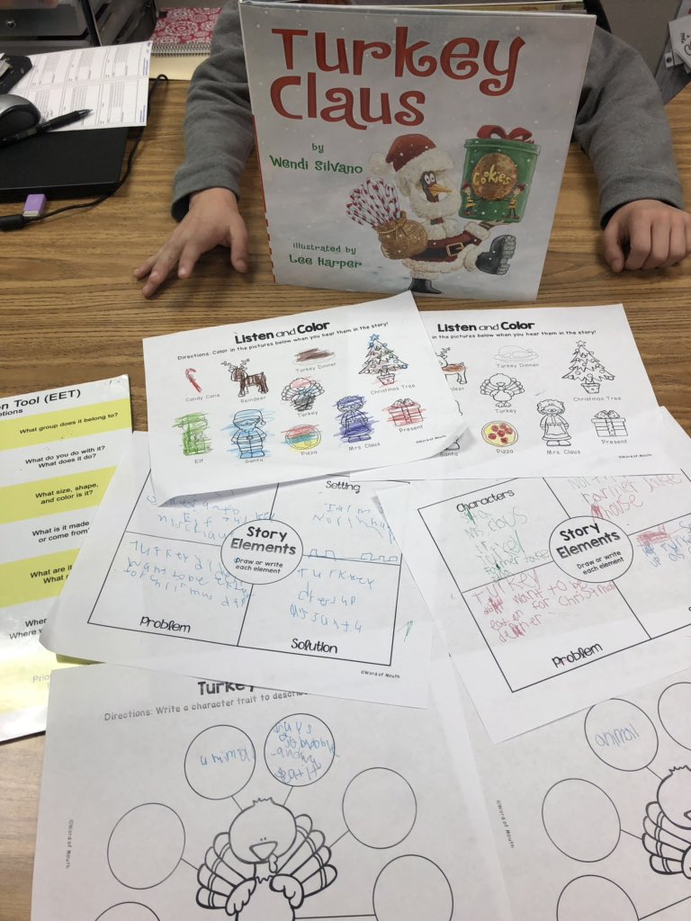 LemosSLP's tweet photo. Bright speech to work on our sounds, answering questions, and conversational turn-taking. Plus, we read Turkey Claus to target comprehension, sequencing, and describing! We are working hard and having fun in speech! #successatRES #robisonspirit #cfisdspirit @RobisonES https://t.co/XcJCSwmG8i