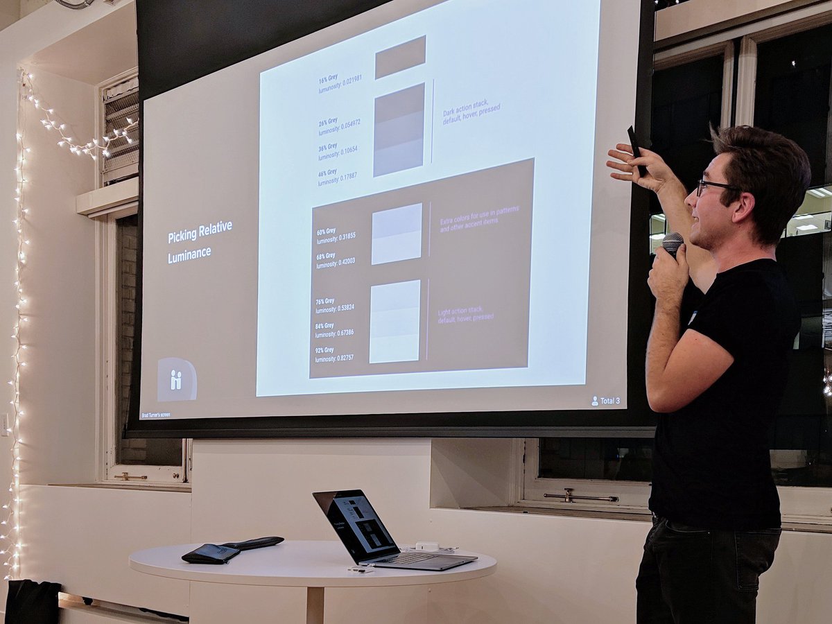 Creating color palettes for a #DesignSystem so UI components have consistent visual feel in brightness &amp; chroma is hard. <a href="/bradturner13/">Brad Turner</a> at <a href="/joinHandshake/">Handshake</a> shared a programmatic way to solve that challenge at tonight's <a href="/a11ybay/">AccessibilityBayArea</a> meetup! Try the tool at contraast.design 🌈