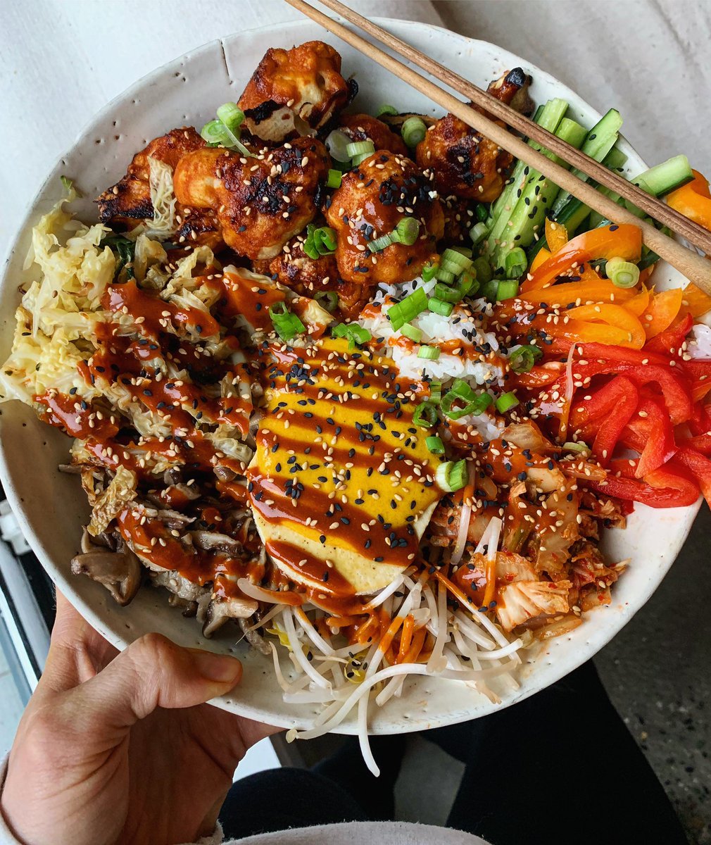 erinireland's tweet image. Bibimbap with spicy gochujang cauliflower and the most incredible vegan egg yolk. Details are over on insta. #plantbased