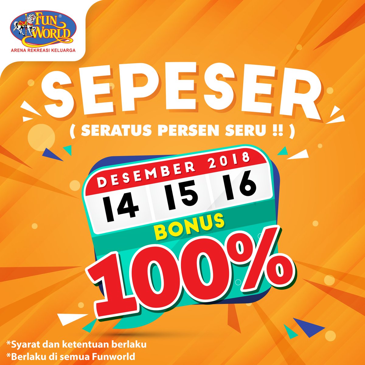 SEPESER (Seratus Persen SERU) Khusus untuk tanggal 14-16 Des 2018, ⁣⁣kamu dapat menikmati promo SEPESER! ⁣⁣
Dengan promo ini kamu akan mendapatkan bonus 100% top up di seluruh lokasi Funworld.
 ⁣⁣Jadi, tunggu apa lagi? ⁣⁣Yuk datang ke #FUNWORLD terdekat! *T&amp;C Applied