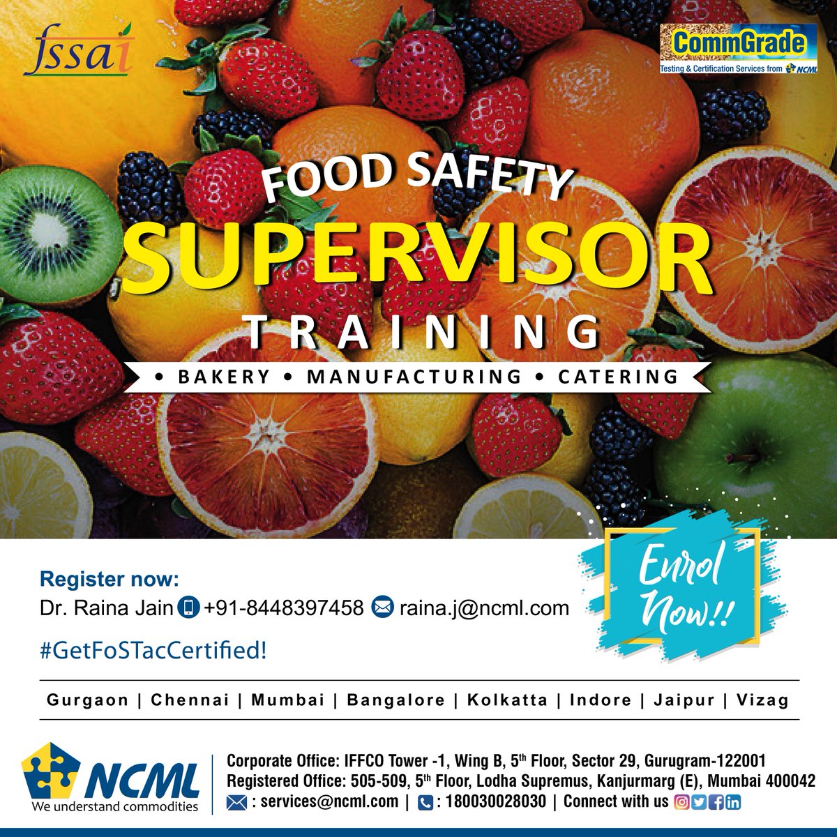 NCMLSocial's tweet photo. #NCML #CommGrade invites you for 1st #FoSTaC Training on #Food Safety Supervisor #Basic Catering on December 14, 2018 at our Registered Office, Mumbai. For more details, contact:91.8448397458 mail: raina.j@ncml.com https://t.co/ucDRuCtVgO