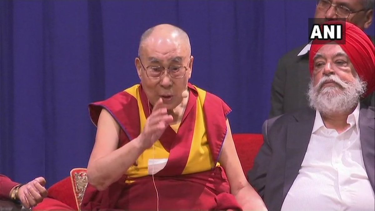 ANI's tweet photo. Dalai Lama: Media from China &amp; America asked what makes me a son of India. I answered that my brain is filled with thoughts of Nalanda &amp; this physical body survived on India’s dal chapati &amp; dosa. So both physically &amp; mentally I’m from this country, that’s how I’m a son of India https://t.co/wr4UZOvBg0