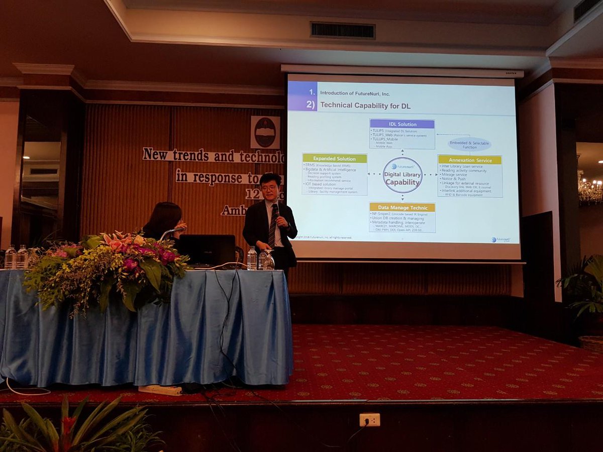 futurenuri's tweet photo. 태국에서 퓨쳐누리의 전도서관솔루션을 소개하고 있습니다.

New trends and technologies of Digital Library System in response to the 4th Industrial Revolution.. https://t.co/qs31OMiFIx