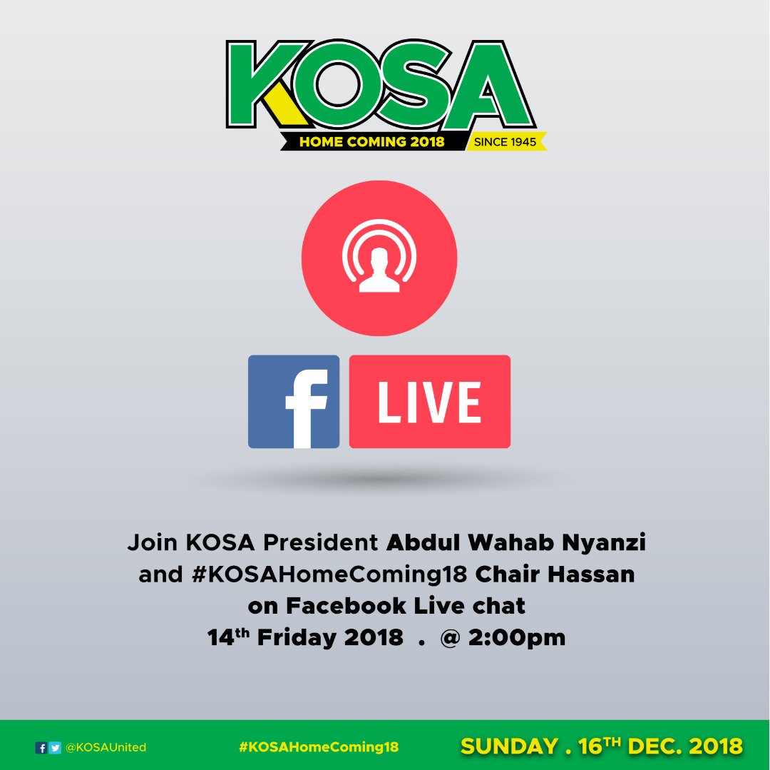 Because it's all about connecting ,  supporting and collaborations...Join <a href="/Kosaunited/">KOSA</a> President <a href="/NyanziWahab/">Abdu-Wahab Nyanzi</a> and #KOSAHomeComing18 Chair Hassan Mpanga in #FacebookLive chat