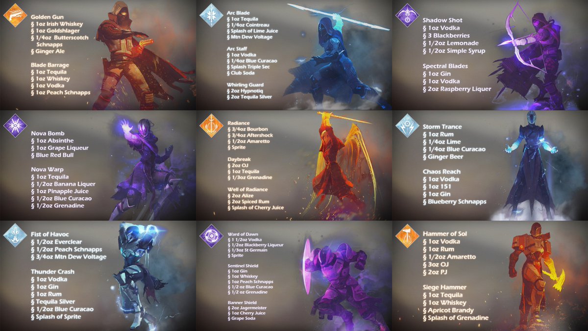 <a href="/CammyCakesYT/">CammyCakes</a> Here's some ideas on your next (responsible) drink you have with your friends while playing <a href="/DestinyTheGame/">Destiny 2</a>!