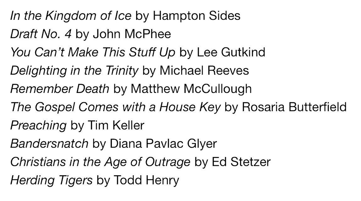 TimLGrissom's tweet photo. Favorite books of 2018. https://t.co/jCOvsjy9ok