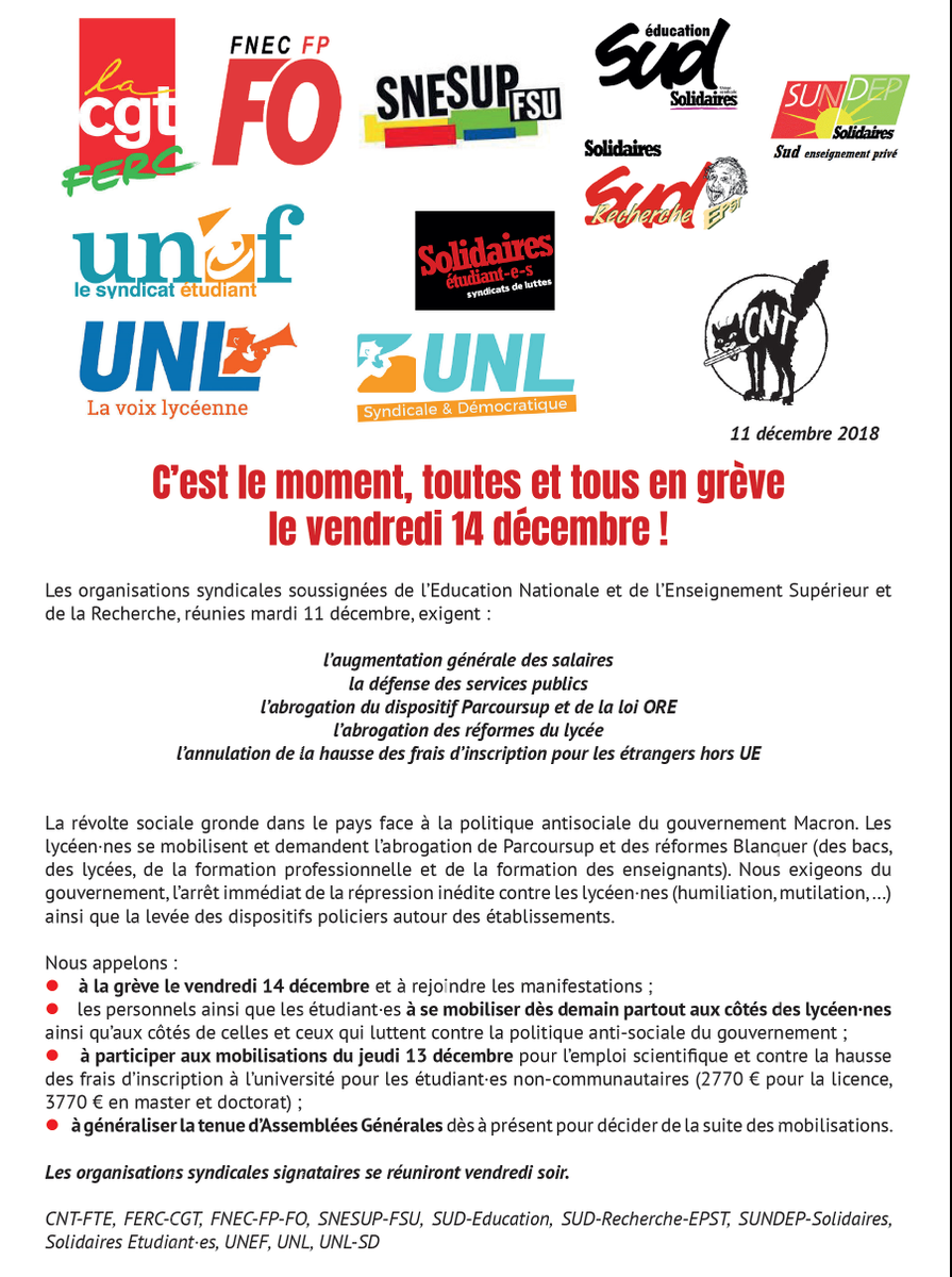 CgtFercSup's tweet photo. Toutes et tous en #GREVE demain 14 décembre (mise à jour de l'appel)  #ESR #AG #Salaires #Parcoursup #ORE #FraisInscription #ReformeLycée #ServicesPublics https://t.co/hDBMcguJal https://t.co/QgIzlo9t1I