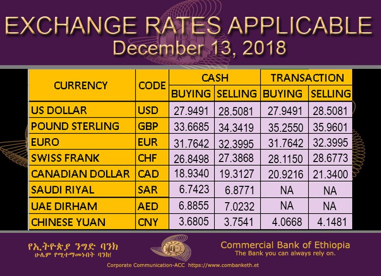 Commercial Bank Of Ethiopia On Twitter Exchange Rates Applicable For ethiopia-exchange-rate-information