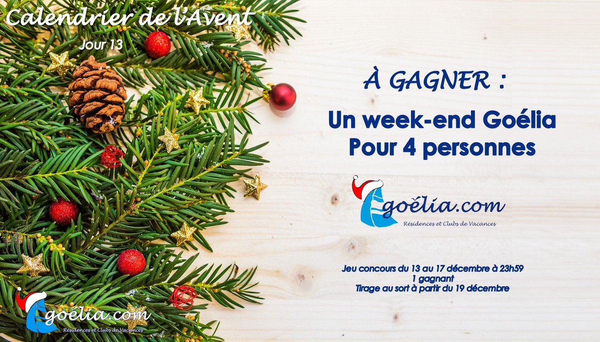 GOELIA_OFFICIEL's tweet photo. CALENDRIER DE L’AVENT GOELIA 📅
JOUR 13 🎅
Goélia vous offre une semaine de vacances dans l’une de nos résidences !
Pour cela : suivez @GOELIA_OFFICIEL et remplissez le formulaire d’inscription : https://t.co/inXDslpovX
#jeuconcours #concours #goelia https://t.co/ZRbMPh1e2S