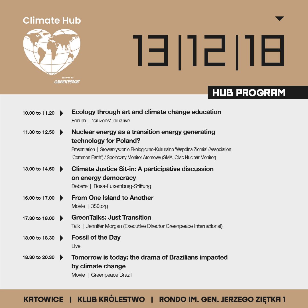 ClimateHubCOP24's tweet photo. Good morning, here's what happens in the #climatehub today. See you! #cop24 #COP24Katowice #Katowice https://t.co/LgSIQ4llA2