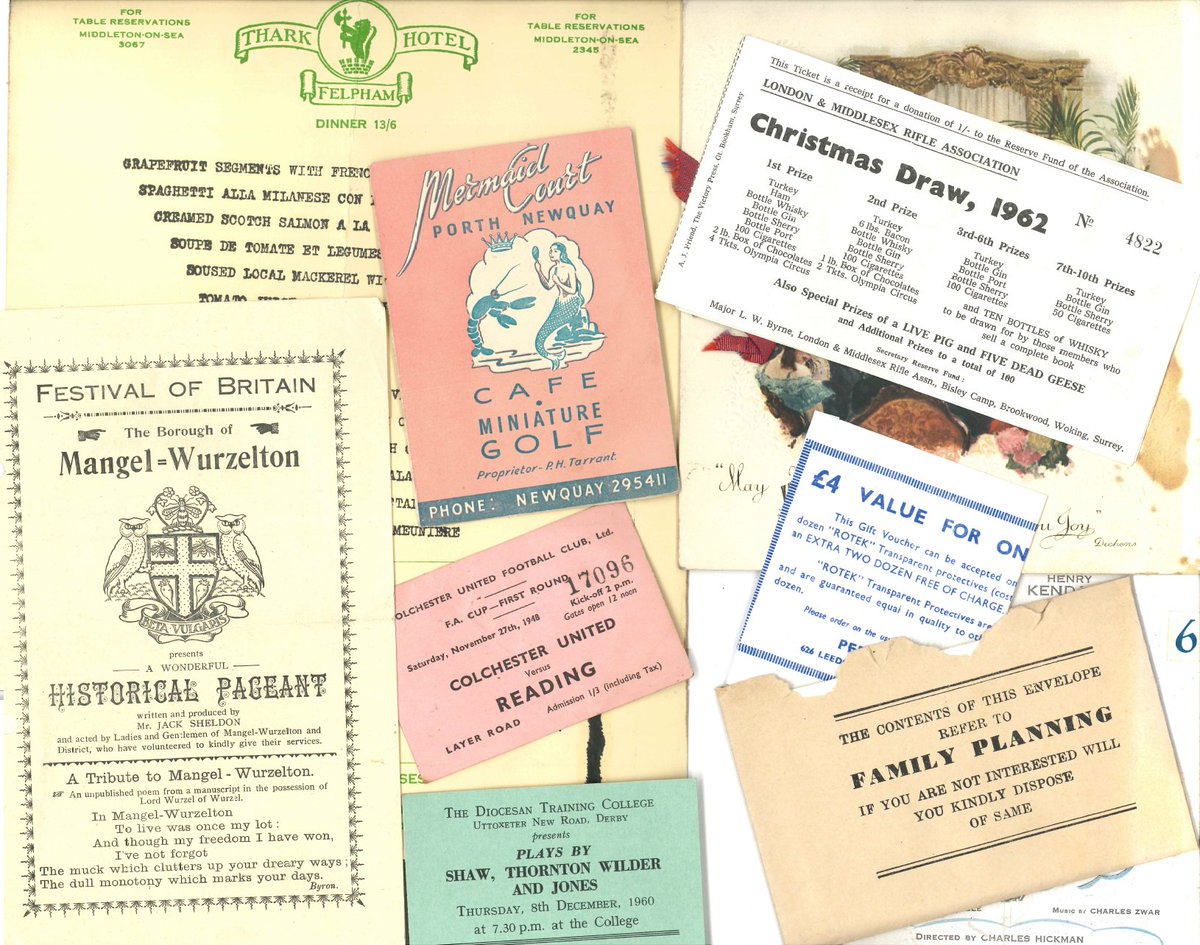 ReptonArchives's tweet image. Final tweet of the year, to wish you all a very happy Christmas. This collage is of some of the non-Repton ephemera that I've found tucked inside books and boxes donated to our archives. I particularly like the seasonal prize of 'a live pig and five dead geese!' @TheEphemerist