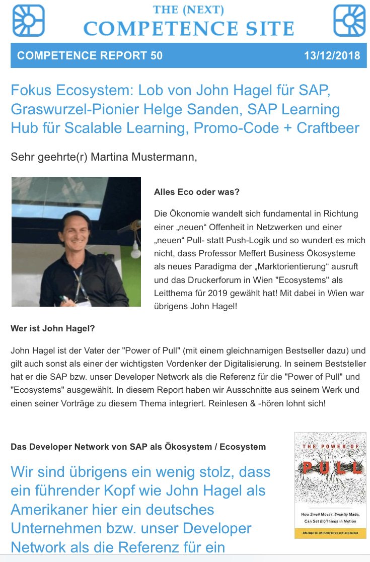 ThomasJenewein's tweet photo. Fokus Ecosystem im Competence Report 50: Lob von John Hagel für SAP, Interviews mit Pionier Helge Sanden, Podcast zu agilem HR, SAP Learning Hub für Scalable Collaborative Learning, Promo-Code + #Craftbeer #li 
https://t.co/6YNT7mY9JG
#ecosystems #powerofpull #collaboration https://t.co/1FYkP0bZVr