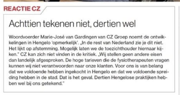 HendrikvM's tweet photo. @michieltrouw @tubantia @MinVWS @Zorgautoriteit @KNGF_Fysio @OntRegelDeZorg Opmerkelijke reactie van @cz_nl "wij stellen geen andere eisen dan landelijk afgesproken". Geheel onduidelijk met wie #CZ dit heeft afgesproken. In iedergeval niet in overeenstemming met fysiotherapeuten, die nu niet tekenen.
#Overstapweken #ActieFysio #Beschamend_CZ https://t.co/4J8m6HBDrJ