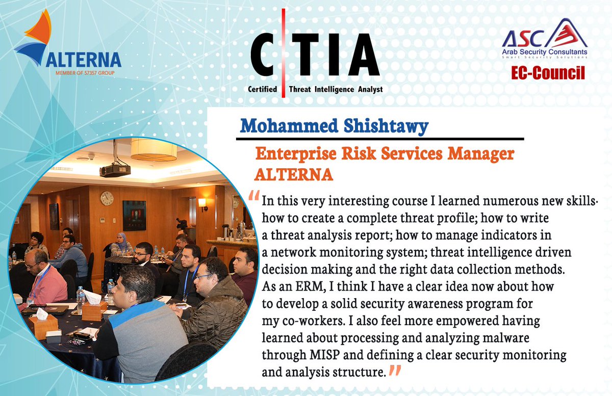 alterna_eg's tweet photo. CTIA course #testimonial of participants. @Moh_aFattah @ECCOUNCIL https://t.co/4obXSNiS8l
