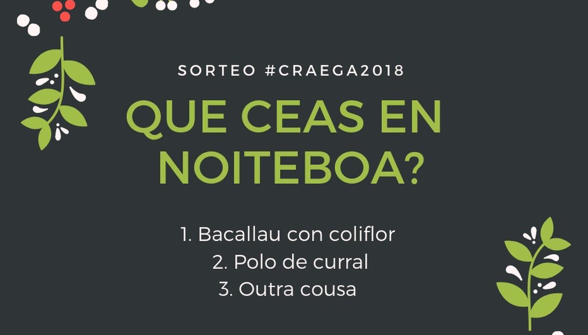 CRAEGA's tweet photo. Que ceas en #Noiteboa 🎄? Bacallau con coliflor 🍽️? Polo de curral🍗? Responde a esta pregunta e gaña🤞 unha #CESTADENADAL con produtos certificados polo @Craega. Máis info: https://t.co/XcQBe7iMLm https://t.co/dChXZf6IBw