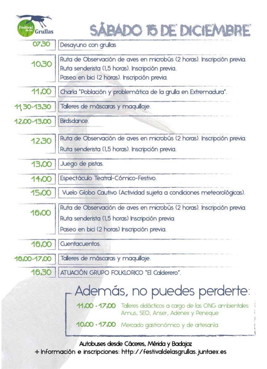 Nos vemos en el Festival de la Grulla? Este sábado, 15 de diciembre, en Navalvillar de Pela, Badajoz. Habrá multitud de actividades, en un entorno increíble, y óptimo para la observación de esta increíble especie. Os adjuntamos programa! #Festivaldelagrulla2018