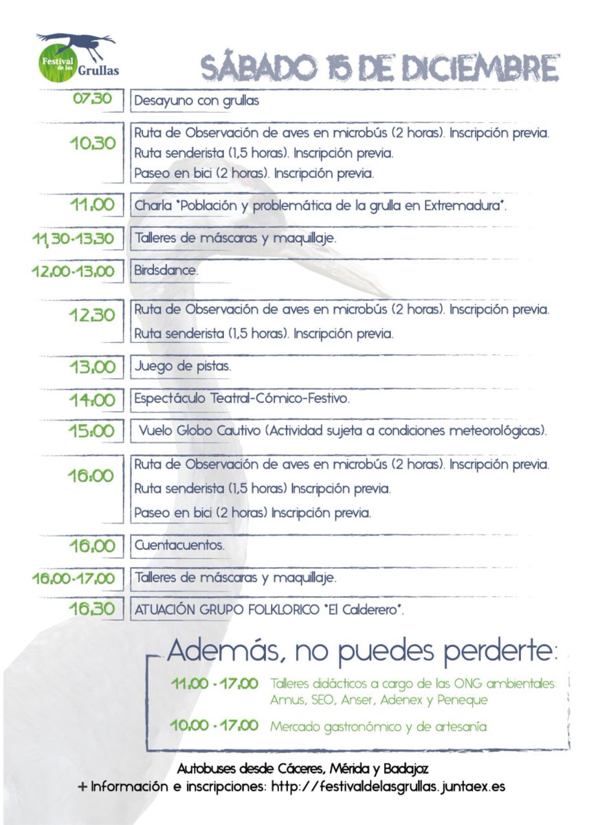 Nos vemos en el Festival de la Grulla?
Este sábado, 15 de diciembre, en Navalvillar de Pela, Badajoz.
Habrá multitud de actividades, en un entorno increíble, y óptimo para la observación de esta increíble especie.
Os adjuntamos programa!
#Festivaldelagrulla2018