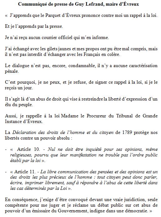 G_Lefrand's tweet photo. J’apprends que le Parquet prononce contre moi un rappel à la loi. Et je l’apprends par la presse. J’ai échangé avec les #GiletsJaunes et mes propos ont pu être mal compris, mais il n’est pas interdit d’échanger avec les Français en colère https://t.co/PeKiGwgJHe
