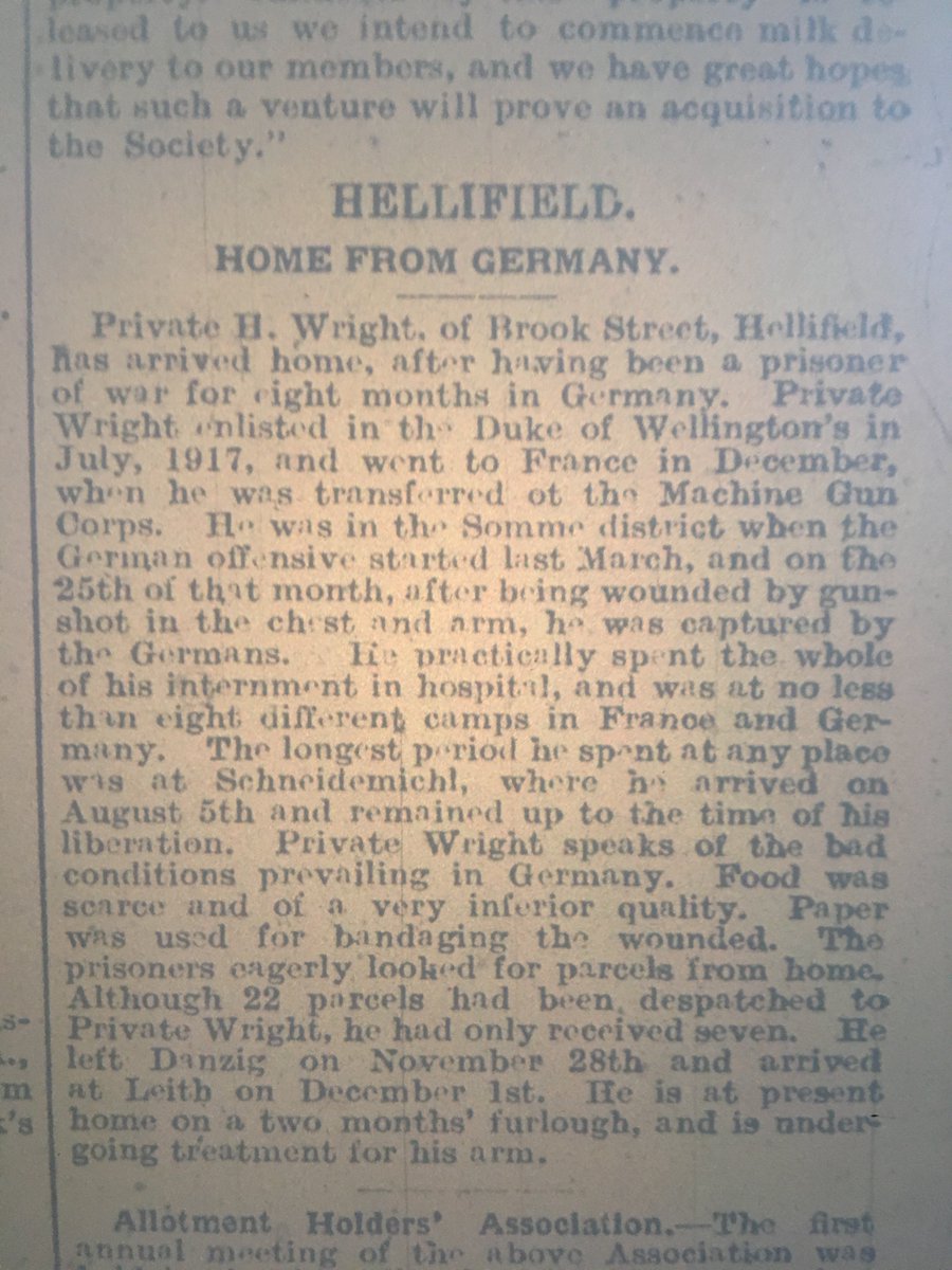 CravenFWW's tweet photo. #Thisweek 100yearsago Local soldier just arrived home recounts his experiences during eight months in a German prisoner of war camp @CravenHerald @nycclibraries #Skipton #WW1 https://t.co/JbBzbgNINe