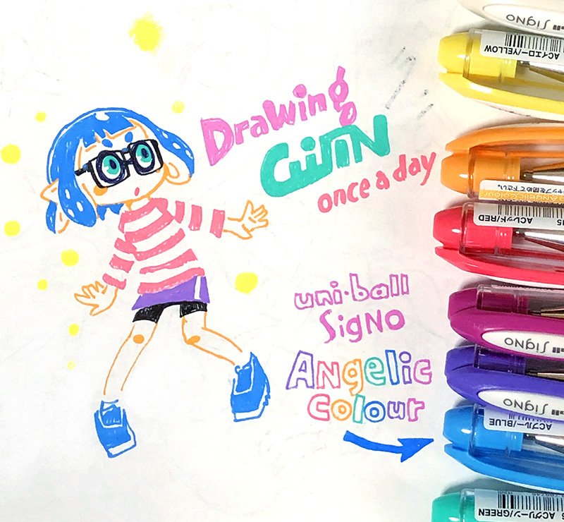 しみずとしやす ユニのボールペン エンジェリックカラー 買ってきたので ささっと試し描き 裏紙に描いたから汚いんだけど折角なのでアップ このインク ボールペンっていうより もう極細のポスカですわ かわいくて綺麗なパステル色