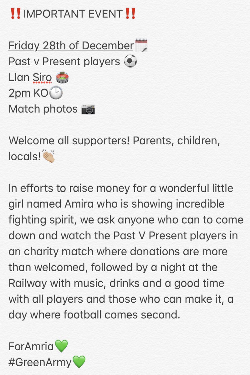❗️IMPORTANT EVENT❗️
Charity game ⚽️
Details below🗞
28th December

Please read this post and get involved in a day where football comes second, all proceeds go to the LATCH charity which have helped Amira a lot over the past 6 months 💚

Other donations - justgiving.com/Dean-Williams32
