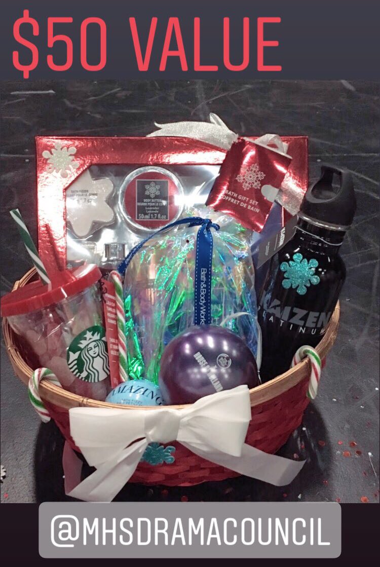 MHSDramaCouncil's tweet photo. Drama Council is doing a gift basket raffle! TICKET PRICES: $1.25-1 Ticket, $2- 2 Tickets, $5- 7 Tickets, $10- 15 Tickets. https://t.co/Ux6ntUabb5