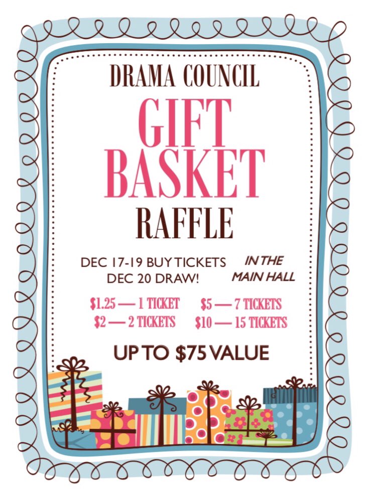 MHSDramaCouncil's tweet photo. Drama Council is doing a gift basket raffle! TICKET PRICES: $1.25-1 Ticket, $2- 2 Tickets, $5- 7 Tickets, $10- 15 Tickets. https://t.co/Ux6ntUabb5