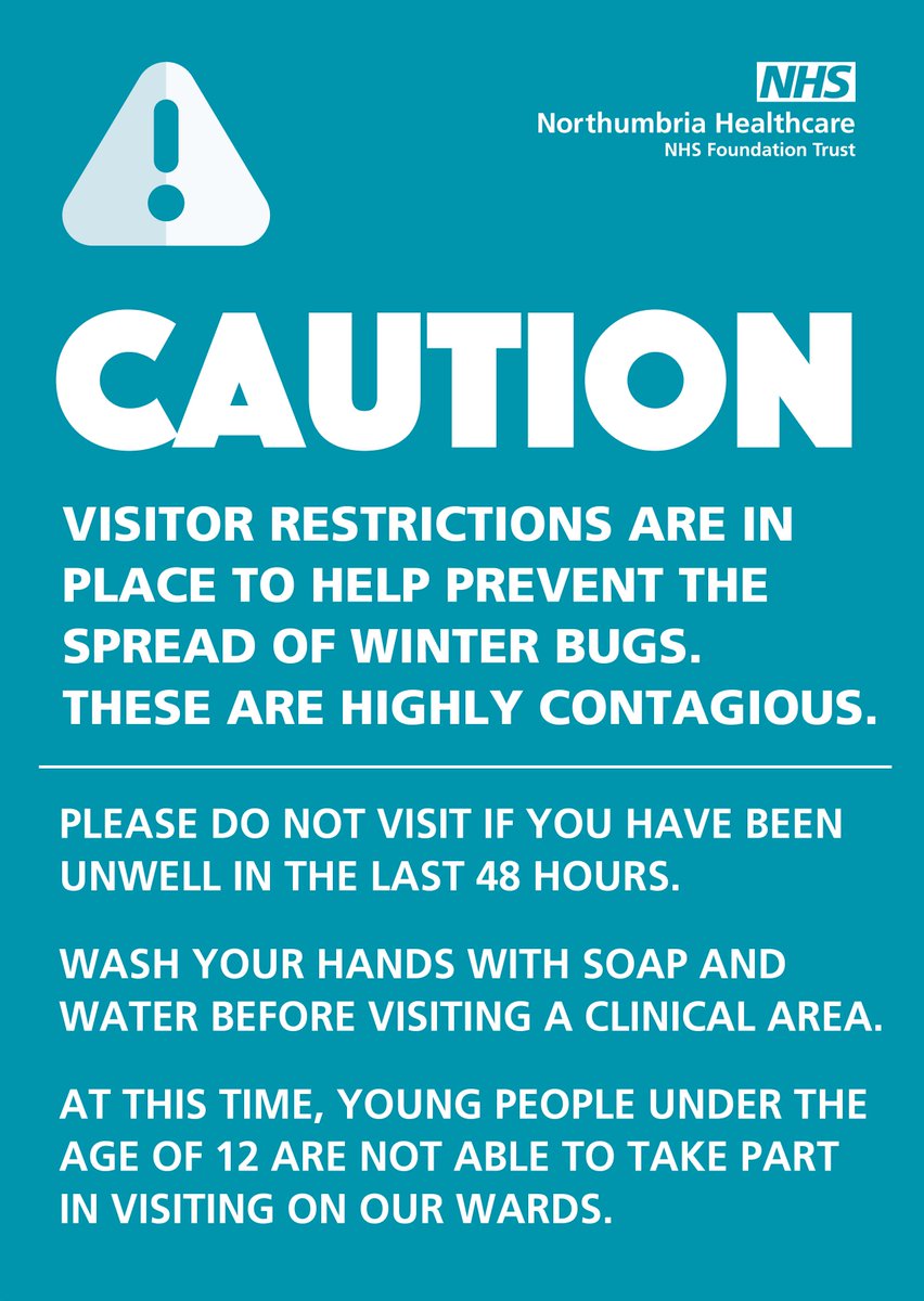 NorthumbriaNHS's tweet photo. We will be introducing partial visitor restrictions across all of our sites as of Friday (14 December).

This is in response to rising rates of #norovirus in the area – including in schools and care homes.

Please read here for more information: https://t.co/LYf3vod1Zl https://t.co/7UFbRqDIrC