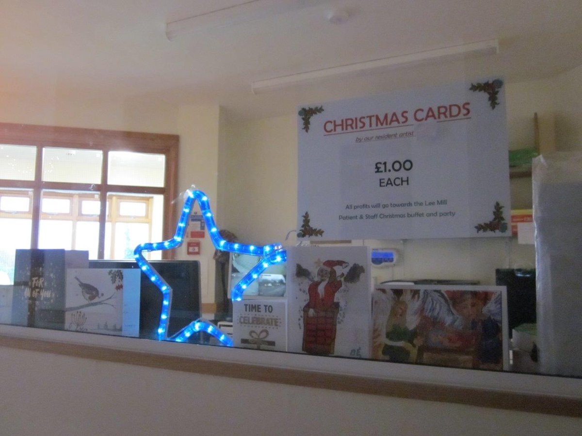 TheLeeMillUnit's tweet photo. We have brightened up our reception area with some festive lights! 🎄Also. we are showing off one of our patients fantastic handmade Christmas cards, of which he is selling to raise money for a Christmas party!🎁 #MentalHealth #ChristmasCards #TheLeeMillUnit #ArtProjects https://t.co/B6vLy0L2zJ