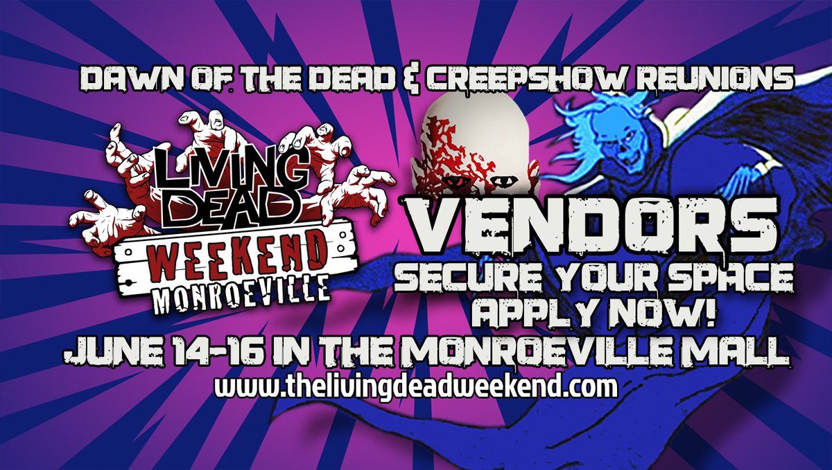 ZombieMuseum's tweet photo. VENDORS - We are taking applications now. Secure your vendor place now for the BIGGEST and BEST #Romero themed event on the planet, The Living Dead Weekend June 14-16 2019, Inside @MonroevilleMall #DawnOfTheDead and #Creepshow reunion. #Pittsburgh #Zombie https://t.co/10IIDOmmYv https://t.co/YSiR1H0gmM
